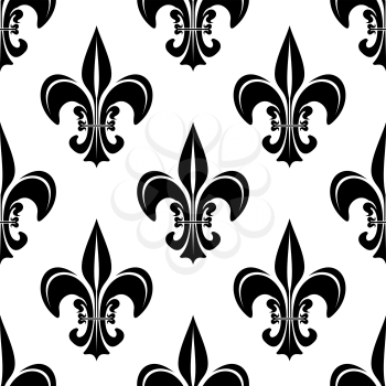 Seamless black and white vintage fleur-de-lis pattern with royal lilies adorned by swirls and curved petals. For heraldry or interior wallpaper design usage