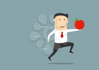 New idea, innovation and business success concept. Cartoon executive businessman running with red apple as a symbol of new idea