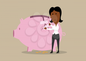 Cartoon businesswoman recovering cracked piggy bank from aftermath of financial crisis or emergency expenses. Finance or savings recovery concept usage