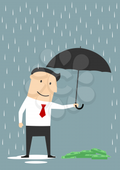 Cartoon businessman with umbrella standing under the rain and protecting money. Financial security, crisis management or bank insurance theme