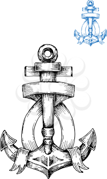 Decorative retro anchor sketch with ribbon banner, arranged around central shank and flukes. Nautical emblem in engraving style