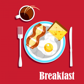 Traditional english breakfast menu with cup of hot coffee, fried egg with crispy slice of bacon and sandwich with toasted bread and cheese, served on a plate with fork and knife. Flat style