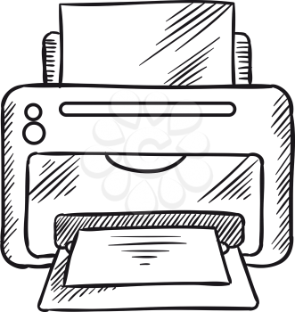 Desktop inkjet printer with paper. Office equipment, printing and computer peripherals sketch icon