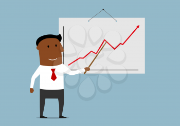 Successful dark skinned businessman doing presentation and pointing important section of the growing sales chart. Concept of presentation, meeting, financial report or business plan