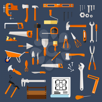 Construction and repair hand tools flat icons with hammer, axe, saw, wrench, screwdriver, scissors, trowel, spatula, paintbrush, roller, knife, fastener, pliers, toolbox, blueprint, wheelbarrow and ru