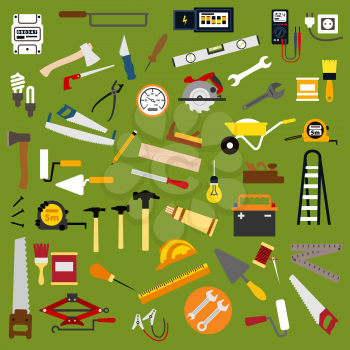 Builder, electrician, mechanic, painter, carpenter, shoemaker and bricklayer tools and equipment. Flat icons of hammer, spanner, paint brush, roller, bulb, trowel, knife, saw, battery, axe, tape, awl,