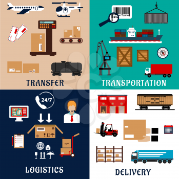 Freight transportation, shipping, storage, delivery and logistics flat icons. Container ship and wagon, cargo aircraft, truck, shipment, warehouse, weighing, packaging, customer service and delivery d