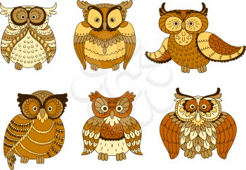 Cartoon forest owl birds with brown and yellow spotted plumage and big eyes. Cute mascot for Halloween, education emblem or t-shirt print design 