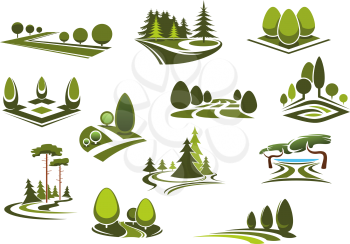 Peaceful nature landscapes icons with green walking alleys, decorative trees and bushes, beautiful lake and grass lawns of city public parks, gardens or forests