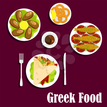 Traditional greek cuisine menu icons of gyro with meat, tomatoes, french fries and tzatziki sauce rolled into a pita, fried squid, mussels with lemon, grilled sardines, served on tomatoes and cup of c