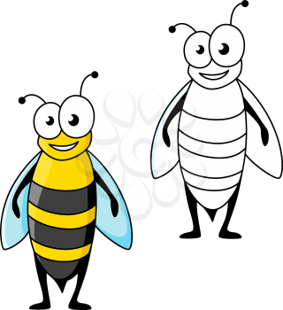 Cheerful smiling cartoon wasp character with black and yellow striped abdomen and long wings. Funny insect for children book or team mascot design