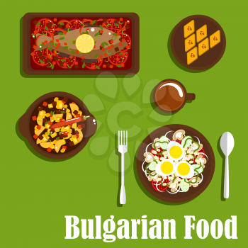 Delicious dinner of bulgarian cuisine with vegetarian salad with tomato, onion, mushroom, pepper, haricot beans and eggs, spicy stew, baked carp with vegetables, baklava with nuts and drink. Flat styl