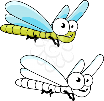 Cartoon smiling green dragonfly insect with long slender abdomen and transparent blue wings. Funny insect for mascot, children book or t-shirt print usage