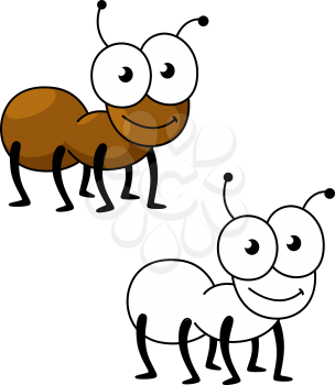 Cartoon little brown worker ant insect with smiling face and funny googly eyes. Insect character for mascot, children book or fauna themes