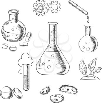 Experiment and scientific design with a cloud of vapor with gear wheels above a conical flask with additional glassware for pharmaceutical, chemical, botanical and medical research. Sketch vector