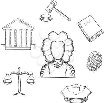 Law and justice sketch icons surrounding a lawyer with a courthouse, law book, fingerprint, police cap, scales and gavel. Lawyer profession concept