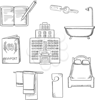 Hotel service concept sketch design with apartment icons as bed, room key, not disturb sign, towels, bathroom, hotel building, passport and notebook, 