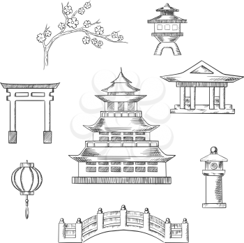 Japan travel icons in sketch style with traditional japanese pagoda surrounded by blossoming branch of sakura, torii gate, paper lantern, temple and bridge