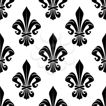 Black and white royal floral fleur-de-lis seamless pattern. Black lily flowers on white background