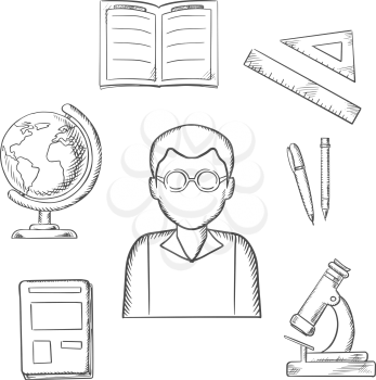 Education sketched design with a teacher surrounded by a notebook and pen, ruler, book, open classwork, microscope and globe. Sketch style vector