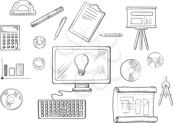 Architect or education icons with sketched desktop computer surrounded by icons of board, blueprint, graphs, calculator and a light bulb on the screen