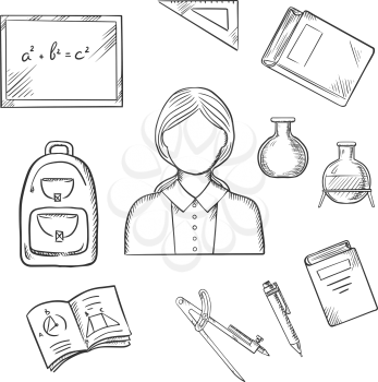 Teacher profession icons with woman encircled by blackboard with chalk formula, books, pen, laboratory flasks, school bag, exercise book with geometric figures, triangle ruler. Sketch style vector
