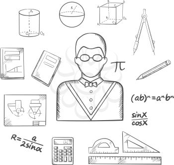 Mathematician profession sketched icons with teacher in glasses, formulas, calculator, rulers, compasses, pencil, textbooks, drawing and geometric figures. Sketch style vector illustration