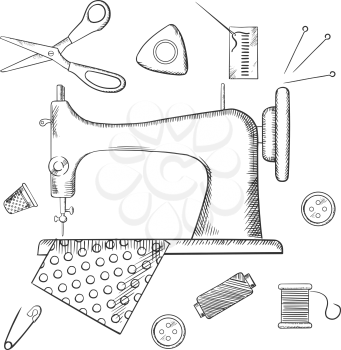 Sketched sewing icons surrounding a sewing machine with pin, thread, yarn, thimble, button and cloth. Sketch style vector illustration