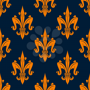 Orange fleur-de-lis seamless pattern on blue background. For wallpaper or textile design usage