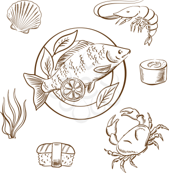 Seafood delicatessen with shrimp, sushi roll, crab, sushi nigiri, seaweed and shellfish, served on plate with lemon slices and salad leaves. Sketch style vector