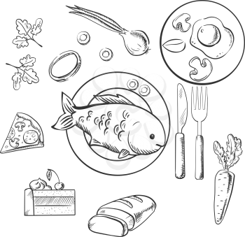 Fresh dinner food with sketch vector icons as a cake, vegetables, fried eggs, pizza and sliced bread surrounding a central plate of fish. Sketch style