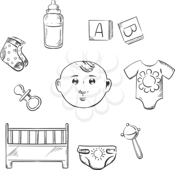 Child toys and objects. Crib, pacifier, socks, bottle of milk, rattle, diaper and letter cubes. Sketch style vector