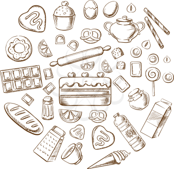 Pastry, dessert and bakery with various breads, cakes, baking ingredients and kitchen utensil. Sketched vector objects