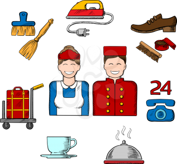 Hotel services colorful sketched icons with bell boy, maid and composition of room services icons with luggage, iron, shoe cleaning, telephone, food delivery, coffee and cleaning