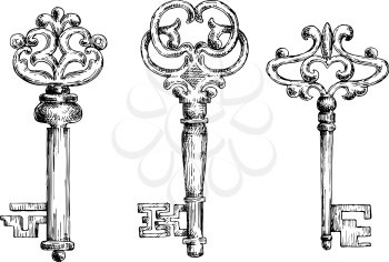 Three vintage medieval sketched key skeletons isolated on white background. For ancient or heraldry theme design usage