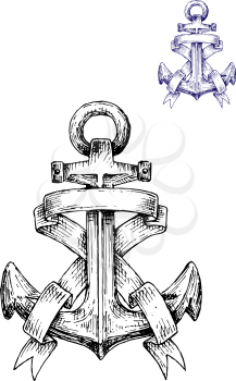 Vintage heraldic sketched anchor with curly ribbons or banners. Sketch style vector