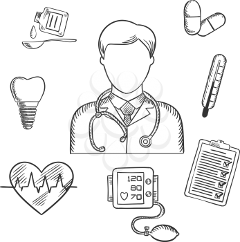 Hand drawn medical icons with a doctor surrounded by a thermometer, tooth, pills, medication, chart, heartbeat and ECG. Sketch style vector