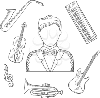 Musical hand drawn icons of musician man in tailcoat, surrounded by electric guitar, trumpet, violin, saxophone, treble clef and synthesizer musical instruments. Sketch style vector