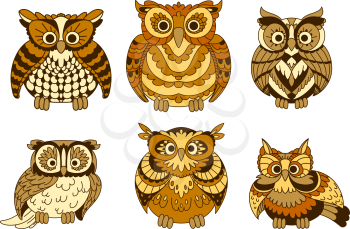 Different decorative cute brown cartoon owls birds with funny plumage facing the viewer. Isolated on white vector