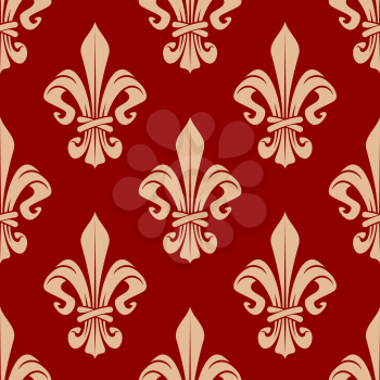 Floral royal french seamless pattern with beige fleur-de-lis flowers on red background. For interior or textile design