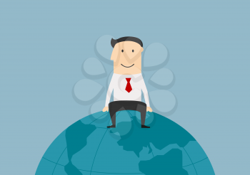 Global market, international business and successful people theme. Cartoon successful joyful businessman sitting on the top of the world