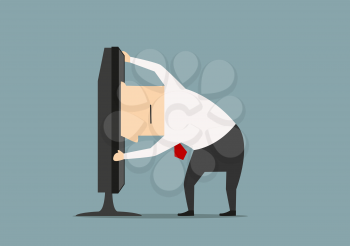 Overworked cartoon businessman stuck in monitor or computer. Vector. Business concept of www, internet and computer addiction