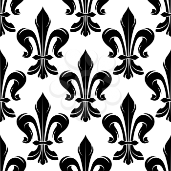 Seamless black and white fleur-de-lis pattern with elegant curled leaves arranged into royal french lily flowers. Great for medieval monarchy background or luxury interior accessories