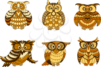 Cartoon owls birds with brown and yellow plumage, ornamental facial discs and ear tufts. Cute birds may be used in children book illustration, Halloween party or education theme. Vector animals