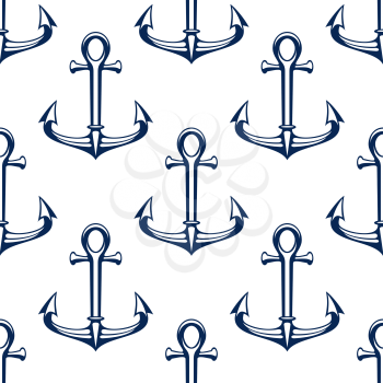 Seamless marine pattern with ship anchors. Nautical background with dark blue outline anchors over white. Travel, adventure or navy heraldry design