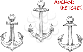 Marine anchors isolated sketch icons with admiralty or fisherman old anchors. Great for nautical emblem, navy heraldry or marine adventure design 