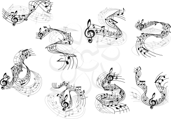 Art and music symbols with black silhouettes of notes and treble clefs on wavy and swirling musical staves. Great for art background, musical or entertainment design