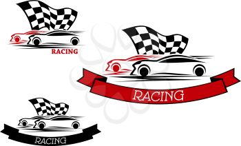 Racing sport emblems design with competition of red and black cars with fluttering checkered flag and ribbon banners