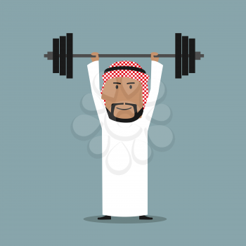 Business strength and power, career achievement and success concept. Strong arabian businessman holding heavy barbell above head