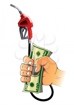 Red gasoline pump nozzle and bundle of hundred dollar bills in human hand. Great for oil and gas industry theme or finance concept